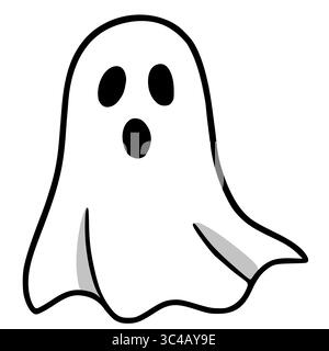 A playful vector illustration of a cartoon ghost with a surprised expression, featuring bold black outlines and subtle gray shading for a whimsical Ha Stock Vector