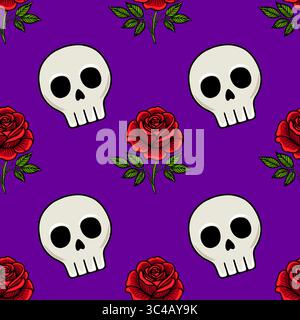 Seamless vector pattern featuring alternating cartoon skulls and red roses on a vibrant purple background, creating a unique Day of the Dead aesthetic Stock Vector