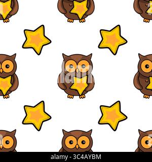 Seamless vector pattern of cute brown owls holding golden stars on a white background, ideal for kids textile, wrapping paper, or digital design proje Stock Vector