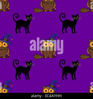 Seamless vector Halloween pattern featuring cute owls on broomsticks, holding keys, and black cats with curled tails on a vibrant purple background. Stock Vector