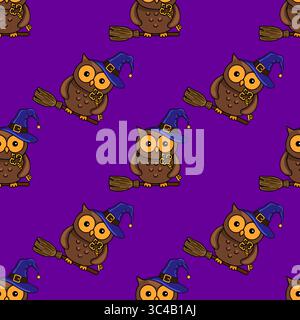 Seamless vector pattern of cute cartoon owls in witch hats flying on broomsticks, holding golden keys, set against a vibrant purple background, perfec Stock Vector