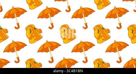 Seamless Raincoat and Umbrella Pattern. Repeating flat cartoon design with yellow jackets and orange umbrellas on white background. Stock Vector