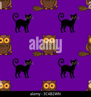 Seamless vector Halloween pattern featuring adorable brown owls on broomsticks holding keys and mischievous black cats, set against a vibrant purple b Stock Vector