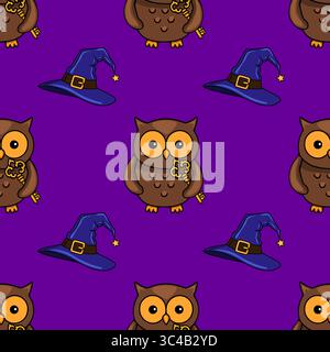 Seamless vector pattern featuring adorable brown owls holding golden keys, interspersed with blue witch hats on a vibrant purple background, perfect f Stock Vector