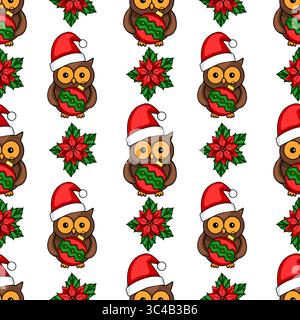 Seamless vector pattern of cute owls in Santa hats holding Christmas baubles, interspersed with poinsettia flowers, creating a festive and cheerful wi Stock Vector