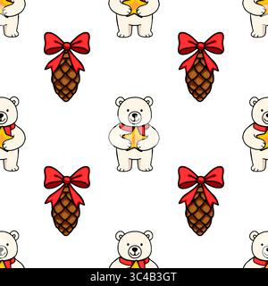 Seamless vector pattern featuring adorable polar bears holding golden stars, adorned with red bows on pine cones, creating a charming Christmas design Stock Vector
