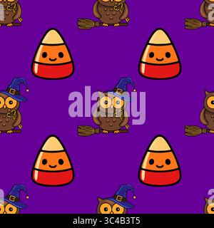 Seamless vector Halloween pattern with cute cartoon owls in witch hats riding broomsticks and candy corn on a vibrant purple background, perfect for f Stock Vector