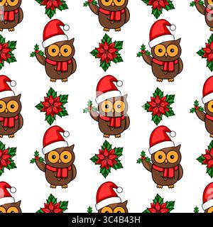 Seamless vector Christmas pattern featuring adorable owls in Santa hats, holding holly sprigs, alongside vibrant poinsettia flowers, creating a festiv Stock Vector