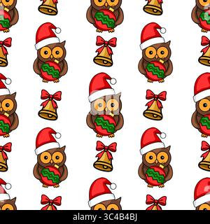 Seamless vector Christmas pattern with cute owls in Santa hats holding Christmas baubles, golden bells with bows, festive winter holiday design. Stock Vector
