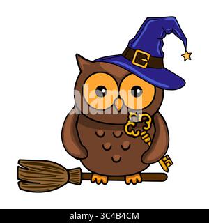 A charming vector illustration of a brown owl wearing a blue witchs hat, perched on a broomstick and holding a golden key, perfect for Halloween desig Stock Vector