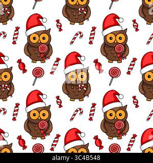 Seamless vector pattern of cute owls in Santa hats holding lollipops and candy canes, perfect for festive Christmas designs. Stock Vector