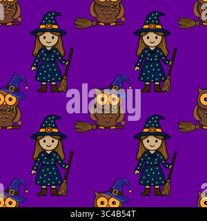 Seamless vector pattern featuring charming witches with broomsticks and owls wearing witch hats, set against a vibrant purple backdrop, perfect for Ha Stock Vector