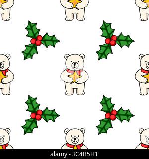 Seamless vector pattern featuring adorable polar bears holding golden stars and festive holly sprigs, perfect for Christmas-themed designs. Stock Vector