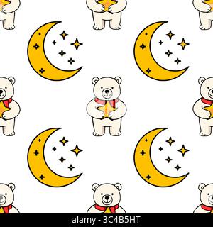 Seamless vector pattern featuring adorable polar bears in red scarves holding golden stars, accompanied by crescent moons and sparkling stars, creatin Stock Vector