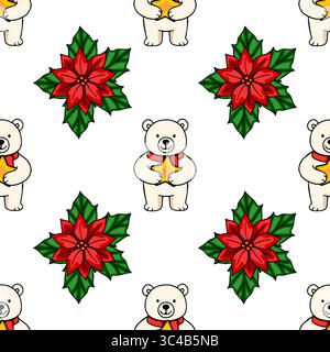 Seamless vector Christmas pattern with adorable polar bears holding golden stars and vibrant poinsettias, creating a festive and joyful winter design. Stock Vector