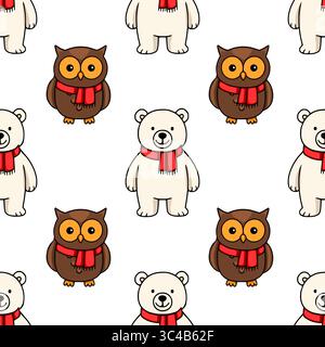 Seamless vector pattern featuring adorable cartoon polar bears and owls wearing red scarves, perfect for winter-themed designs and holiday projects. Stock Vector