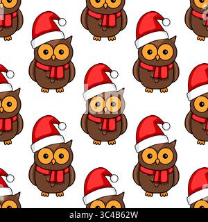 Seamless vector pattern of cute cartoon owls wearing Santa hats and red scarves, perfect for festive Christmas designs. Stock Vector