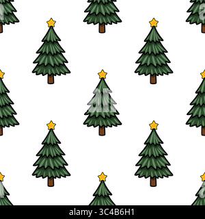 Seamless vector pattern of stylized Christmas trees with golden stars, perfect for festive backgrounds and winter designs. Stock Vector