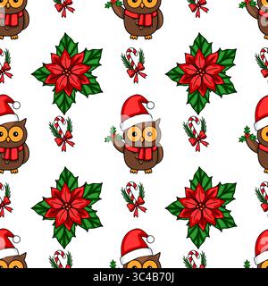 Seamless vector Christmas pattern with cute owls in Santa hats, poinsettias, candy canes, and holly berries, perfect for festive winter designs. Stock Vector