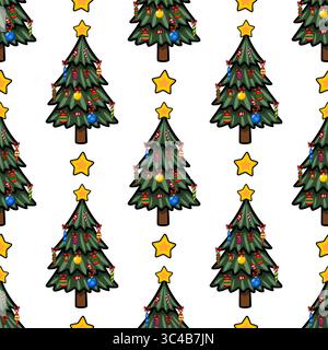 Seamless vector pattern of stylized Christmas trees adorned with colorful ornaments, candy canes, and stars, creating a festive and joyful winter holi Stock Vector