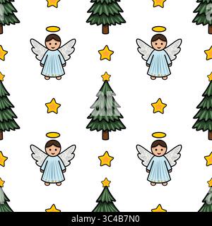 Seamless vector Christmas pattern featuring cute angels, fir trees, and golden stars, ideal for festive designs and winter holidays. Stock Vector
