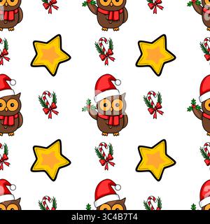 Seamless vector Christmas pattern featuring adorable owls in Santa hats, candy canes, stars, and holly sprigs, perfect for festive designs. Stock Vector