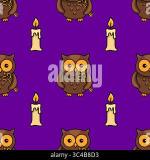 Seamless vector pattern featuring adorable brown owls holding golden keys and burning candles on a rich purple background, creating a whimsical Hallow Stock Vector