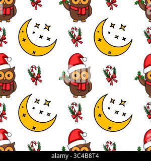 Seamless vector Christmas pattern with cute owls in Santa hats, candy canes, mistletoe, and crescent moons, perfect for festive winter designs. Stock Vector