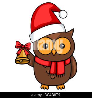 Festive vector illustration of a cute cartoon owl wearing a Santa hat and red scarf, holding a golden bell with a red ribbon. Stock Vector