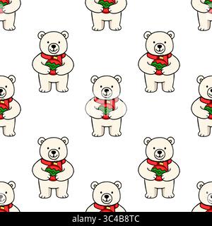 Seamless vector pattern of cute polar bears in red scarves holding Christmas ornaments, perfect for festive winter designs. Stock Vector