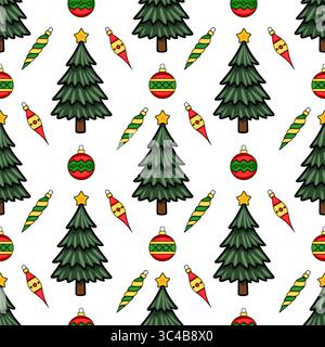 Seamless vector pattern of stylized Christmas trees, ornaments, and stars, featuring a vibrant color palette of red, green, and gold for festive holid Stock Vector