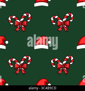 Festive Seamless Vector Pattern: A whimsical Christmas design featuring candy canes tied with bows and Santa hats on a deep green background, ideal fo Stock Vector