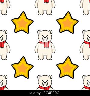 Seamless vector pattern featuring adorable polar bears wearing red scarves and cheerful yellow stars, creating a playful and festive winter design per Stock Vector