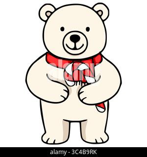 Adorable vector illustration of a cheerful polar bear wearing a red scarf and holding a candy cane, perfect for winter holiday designs. Stock Vector