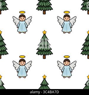 Seamless vector pattern featuring adorable cartoon angels with light blue robes and golden haloes, interspersed with charming green Christmas trees ad Stock Vector