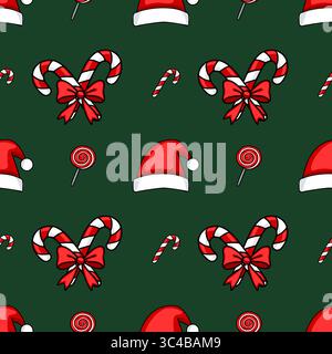 Seamless vector pattern featuring charming Christmas candy canes with bows, Santa hats, and lollipops on a dark green background, perfect for festive Stock Vector