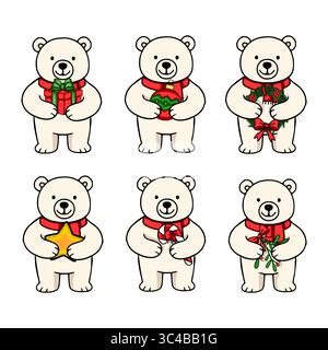 Adorable vector illustration of six cute polar bears in red scarves holding various Christmas symbols: gift, ball, wreath, star, candy cane, and mistl Stock Vector