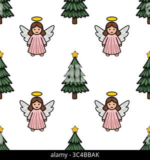 Seamless vector Christmas pattern featuring adorable angels in pink dresses and charming fir trees, creating a festive and whimsical design perfect fo Stock Vector