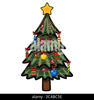 Festive vector illustration of a Christmas tree adorned with colorful baubles, candy canes, bows, and a star, showcasing a whimsical, cartoonish style Stock Vector