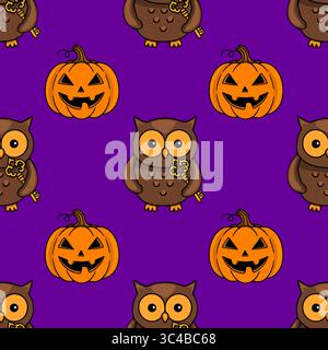 Seamless vector Halloween pattern with cute brown owls holding golden keys and carved smiling pumpkins on a purple background. Stock Vector
