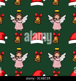 Seamless vector Christmas pattern featuring adorable angels playing flutes, jingle bells with red bows, and Santa hats on a dark green background, per Stock Vector