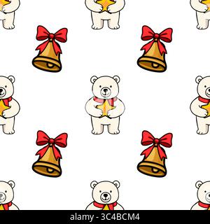 Seamless vector pattern featuring adorable polar bears holding golden stars and festive bells with red bows, creating a charming Christmas-themed desi Stock Vector