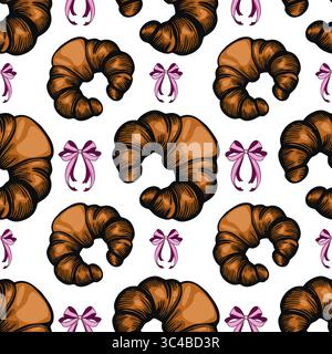 A vector  seamless pattern featuring croissants and pink bows on a white background. The croissants are illustrated in a detailed, artistic style, sho Stock Vector
