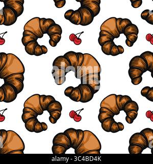A vector  seamless pattern featuring croissants and cherries on a white background. The croissants are golden brown with a flaky texture, while the ch Stock Vector