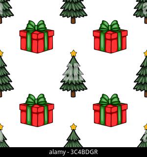 Seamless vector pattern featuring charming hand-drawn Christmas trees adorned with stars and festively wrapped red gifts tied with green ribbons, crea Stock Vector