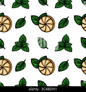 A vector  seamless pattern featuring sliced lemons and green mint leaves on a white background. The lemons are depicted in a stylized manner with vibr Stock Vector