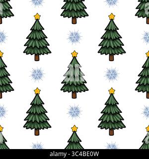 Seamless vector pattern featuring stylized Christmas trees adorned with golden stars and interspersed with delicate snowflakes on a pristine white bac Stock Vector