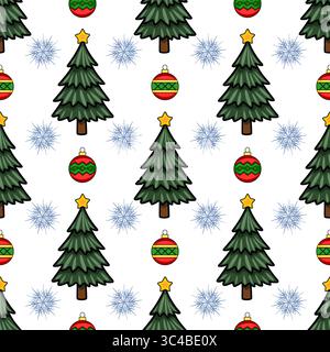 Seamless vector pattern featuring stylized Christmas trees, snowflakes, and ornaments in a cheerful, cartoonish style, perfect for festive designs and Stock Vector