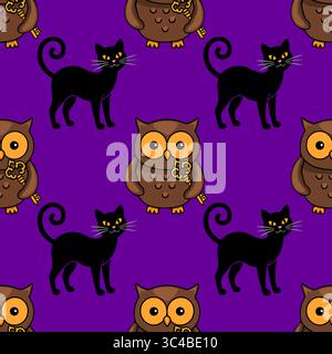 Seamless vector Halloween pattern with cute brown owls holding golden keys and black cats with curled tails on a purple background, perfect for festiv Stock Vector