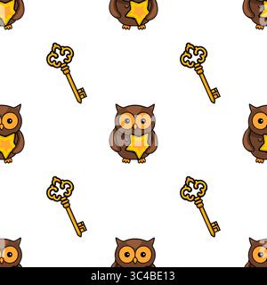 Seamless vector pattern featuring adorable brown owls holding golden stars and antique golden keys on a white background, creating a charming and whim Stock Vector